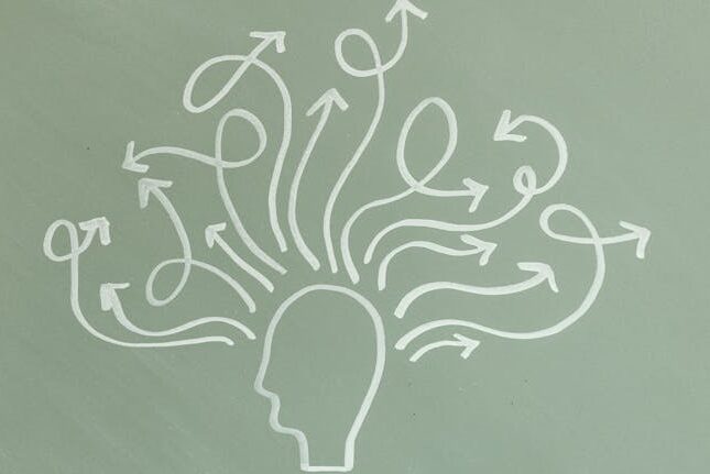 Abstract illustration symbolizing mental health and ADHD awareness with arrows representing thoughts.